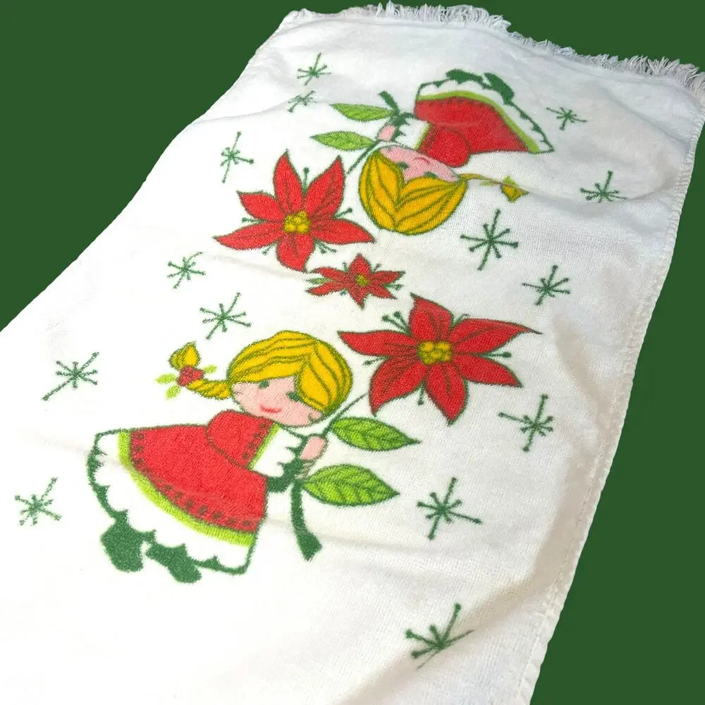Vintage Christmas Girl Poinsettia All Cotton Hand Towel Mid Century Holiday